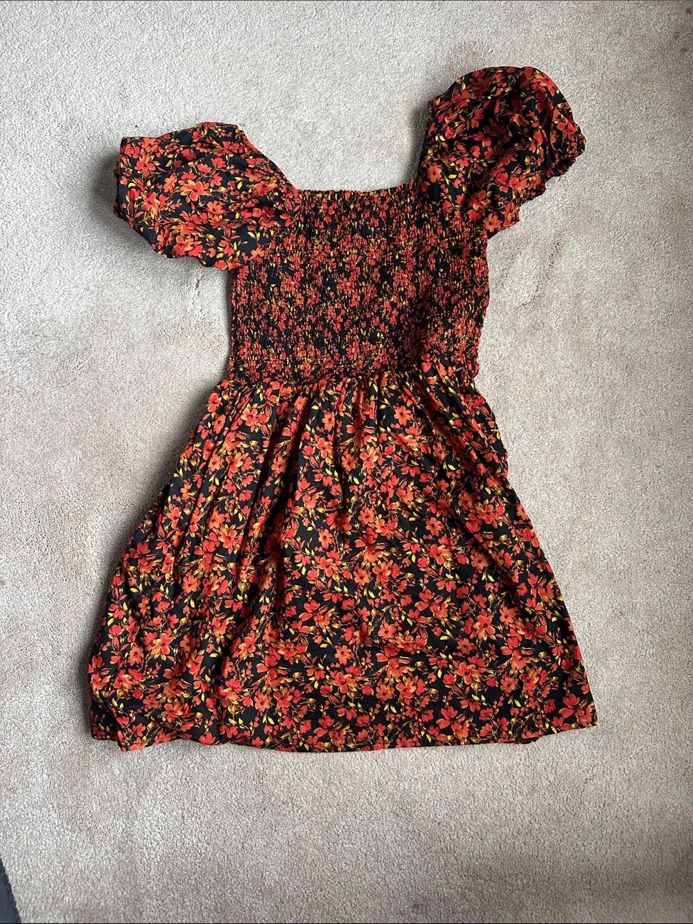 Girl's (teen) Black Dress with Red Floral Print Puff Sleeves